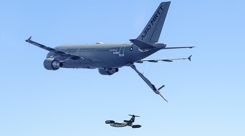 An Auto’Mate drone flies in formation with an MRTT during initial capability testing of autonomous guidance and control algorithms. Airbus photo.