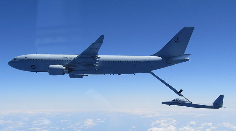 Royal Australian Air Force KC-30A MRTT conducts a refuelling operation with a Japan Air Self-Defense Force F-15J Eagle. Photo supplied.