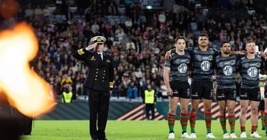 Chief of Navy Vice Admiral Mark Hammond salutes to the The Last Post during an Anzac Round NRL game at Accor Stadium in Sydney. Photo by Leading Seaman Daniel Goodman.