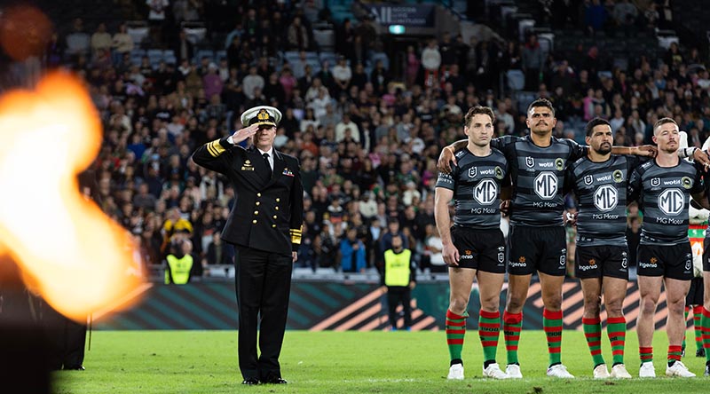Chief of Navy Vice Admiral Mark Hammond salutes to the The Last Post during an Anzac Round NRL game at Accor Stadium in Sydney. Photo by Leading Seaman Daniel Goodman.