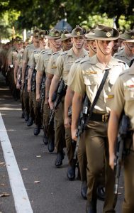 Soldiers from 1st Battalion, Royal Australian Regiment, march along the Strand in Townsville on Anzac Day 2023. Photo by Lance Corporal Riley Blennerhassett.