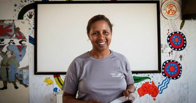 Australian Army Warrant Officer Class Two Anne Dufficy showcases Indigenous culture with her paintings at South Camp. Story and photo by Corporal Melina Young.