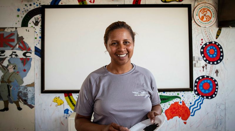 Australian Army Warrant Officer Class Two Anne Dufficy showcases Indigenous culture with her paintings at South Camp. Story and photo by Corporal Melina Young.
