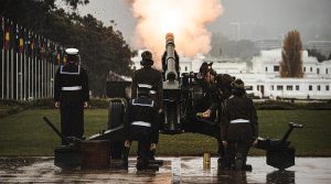 Australia’s Federation Guard conduct a National 21 Gun Salute to honour the Coronation of Their Majesties King Charles III and Queen Camilla, on the Forecourt of Parliament House, Canberra. Photo by Leading Aircraftman Adam Abela