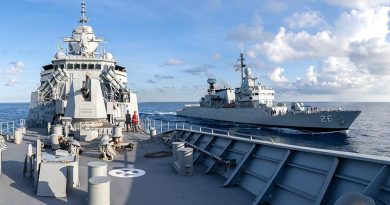 HMAS Anzac conducts a light-line transfer with Royal Malaysian Navy KD Lekir during Exercise Bersama Shield 2023. Photo by Leading Seaman Jarryd Capper.