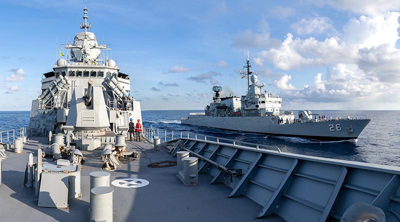 HMAS Anzac conducts a light-line transfer with Royal Malaysian Navy KD Lekir during Exercise Bersama Shield 2023. Photo by Leading Seaman Jarryd Capper.