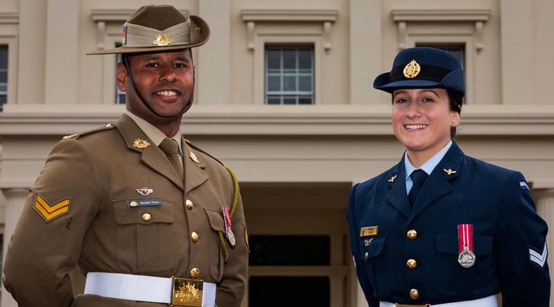 Australia's Federation Guard members Bombardier Michael Nona and Corporal Tegan Ross before the Coronation of His Majesty The King. Photo by Sergeant Andrew Sleeman.