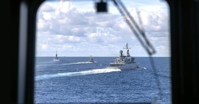 HMAS Anzac conducts Officer of the Watch Manoeuvres with Republic of Singapore Navy RSS Vigliance (left), Royal Malaysian Navy KD Lekir (right) and Gempita (centre) as a part of Exercise Bersama Shield. Photo by Leading Seaman Jarryd Capper.