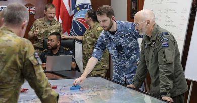 Royal Australian Air Force Flying Officer Jake Buchanan talks through training objectives during combined operations planning on Exercise Bersama Shield 2023 in Malaysia. Photo by Corporal Lisa Sherman.