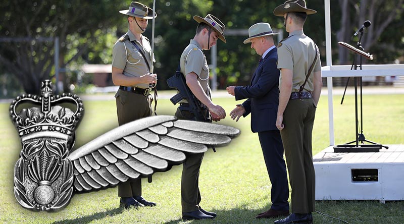 Australian Army soldier Gunner Wright, the youngest serving member of the 20th Regiment RAA is presented with the first brevet by Brigadier Damian Hill at the 20th Regiment, Royal Australian Artillery brevet presentation ceremony at Gallipoli Barracks, Brisbane.