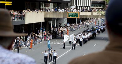 Members of Combat Support Group participate in the Anzac Day march in Brisbane, Queensland. Photo by Corporal Kieren Whiteley.