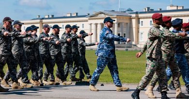 Australia's Federation Guard members march past Old College during a rehearsal for the Coronation of King Charles III, at the Royal Military Academy Sandhurst. Photo by Sergeant Andrew Sleeman.