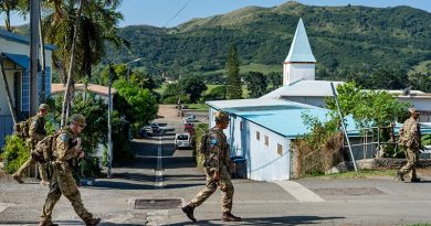 Australian Army soldiers from the 6th Battalion, Royal Australian Regiment, conduct a presence patrol with soldiers from the Royal Gurkha Rifles in Bourail, New Caledonia, during Exercise Croix Du Sud 2023. Photo by Sergeant Brodie Cross.