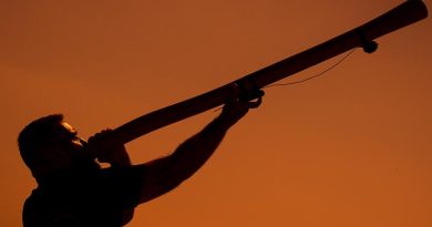 Navy Regional Indigenous Development Coordinator Leading Seaman Joseph Canning plays the didgeridoo at ANZAC Cove during an ANZAC Day rehearsal on the Gallipoli peninsula in Türkiye. Photo by Corporal Madhur Chitnis.