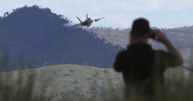 A US Navy F/A-18E Super Hornet from Strike Fighter Squadron 27 conducts a show of force as part of the live-fire exercise during Exercise Black Dagger 2017. Photo by Sergeant Kirk Peacock.