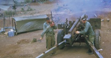 A 102 Battery gun in action at Fire Support Base Coral. AWM P01770.015