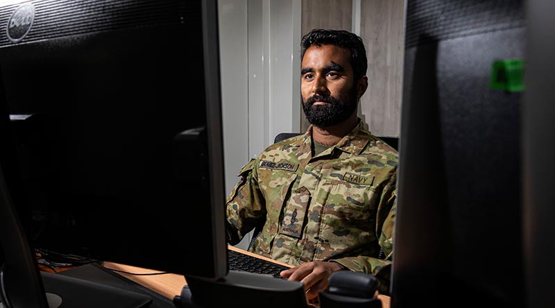 Australian Navy's Able Seaman Akshay Gomez-Jackson, a network technician from HMAS Stirling, deployed on Operation Accordion. Photo by Corporal Melina Young.