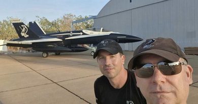 Surface finishers Sergeant Steve Marshall and Leading Aircraftman Macdara Barden in front of an F/A-18A Hornet A21-018, from 75 Squadron, with a commemorative paint scheme at RAAF Base Tindal, Northern Territory.