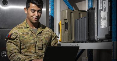Australian Army Private Tyson Antonie works at keeping communication information systems operating while deployed on Operation Accordion at Australia’s operating base in the Middle East. Photo by Corporal Melina Young.