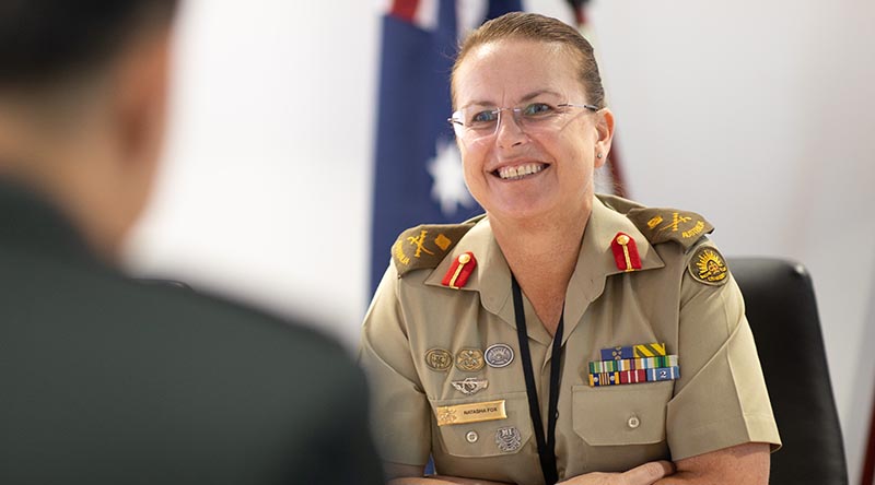 Deputy Chief of Army Major General Natasha Fox talks with Chief of Staff of the Republic of Korea Army Lieutenant at Russel Offices, Canberra. Photo by Sergeant Tristan Kennedy.