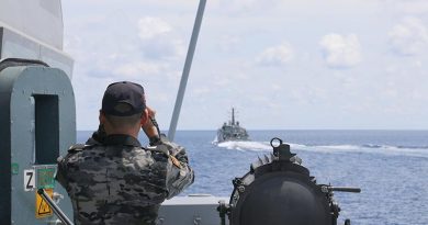 Midshipman Jin You takes ranges to ADV Cape Naturaliste from HMAS Broome during officer-of-the-watch training. Photo by Able Seaman Elise Cowley.