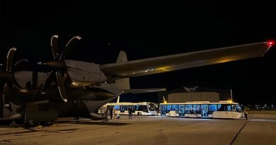 Evacuees from Port Sudan on board buses after departing the Royal Australian Air Force C-130J Hercules aircraft at Cyprus. Photo by Sergeant Jarrod McAneney.