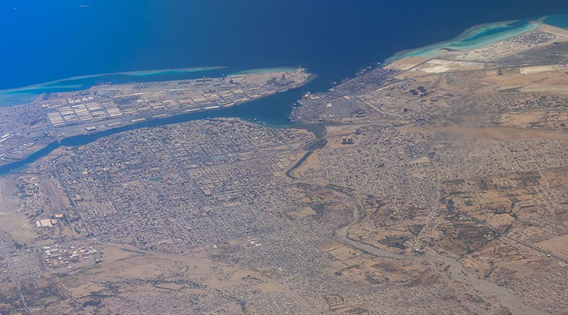 Port Sudan observed from a Royal Australian Air Force C-130J Hercules before conducting the military-assisted departure of Australian and foreign nationals from Sudan to Cyprus. Photo by Sergeant Jarrod McAneney.
