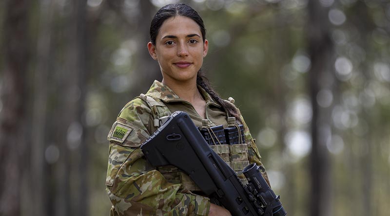 Australian Army soldier Private Paula Pires, from 4th/3rd Battalion, Royal New South Wales Regiment, during Exercise Waratah Run at Singleton, NSW. Photo by Corporal Jacob Joseph.