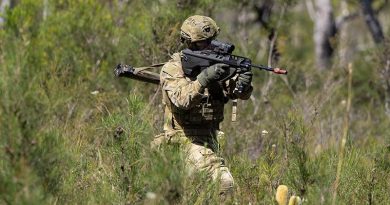 Australian Army solider Private Liam Brown from the 9th Battalion, Royal Queensland Regiment, takes a bound forward during a platoon attack on Exercise Robey at the Wide Bay Training Area. Photo by Private Connor Morrison.