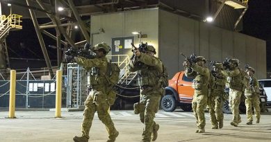 Australian Army soldiers from 1st Battalion, Royal Australian Regiment, conduct a clearance of the Townsville Port on Exercise Septimus Stride 2023 in Townsville, Queensland. Photo by Lance Corporal Riley Blennerhassett.