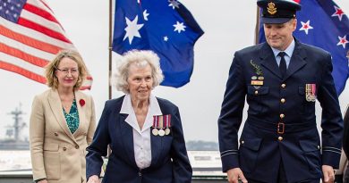 World WarII Women’s Auxiliary Australian Air Force (WAAAF) veteran 100-year-old Jessie Strike-McClelland and Flight Lieutenant Justin Kelly during the 2023 Anzac Day service held onboard USS Midway, San Diego, California, USA. Photo by Leading Aircraftwoman Catherine Kelly.