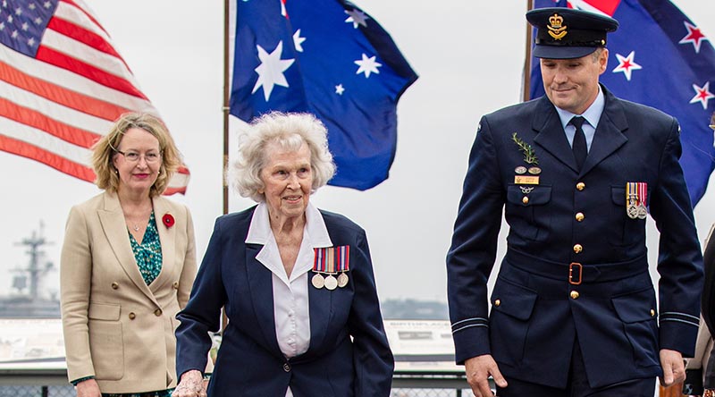 World WarII Women’s Auxiliary Australian Air Force (WAAAF) veteran 100-year-old Jessie Strike-McClelland and Flight Lieutenant Justin Kelly during the 2023 Anzac Day service held onboard USS Midway, San Diego, California, USA. Photo by Leading Aircraftwoman Catherine Kelly.
