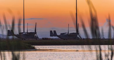 MV-22B Ospreys from the VMM-363 US Marine Medium Tiltrotor Squadron resting under the Townsville sunset during Exercise Talisman Sabre 21 at RAAF Base Townsville. Photo by Corporal Ashley Gillett.