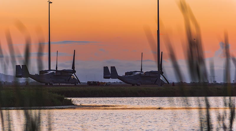 MV-22B Ospreys from the VMM-363 US Marine Medium Tiltrotor Squadron resting under the Townsville sunset during Exercise Talisman Sabre 21 at RAAF Base Townsville. Photo by Corporal Ashley Gillett.