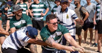 Personnel from HMAS Anzac and Royal Malaysian Navy KD Gempita compete in the tug-of-war against other Exercise Bersama Shield 2023 participants as part of a sports day on Tioman Island, Malaysia. Photo by Leading Seaman.