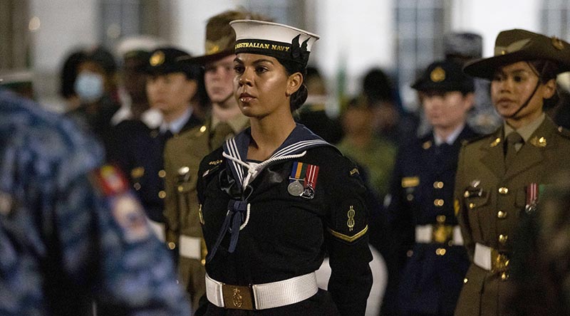 Royal Australian Navy Able Seaman Tammy Vaughn from the Australian Federation Guard during a rehearsal for the Coronation of His Majesty The King, at Buckingham Palace. Photo by Leading Aircraftwoman Emma Schwenke.