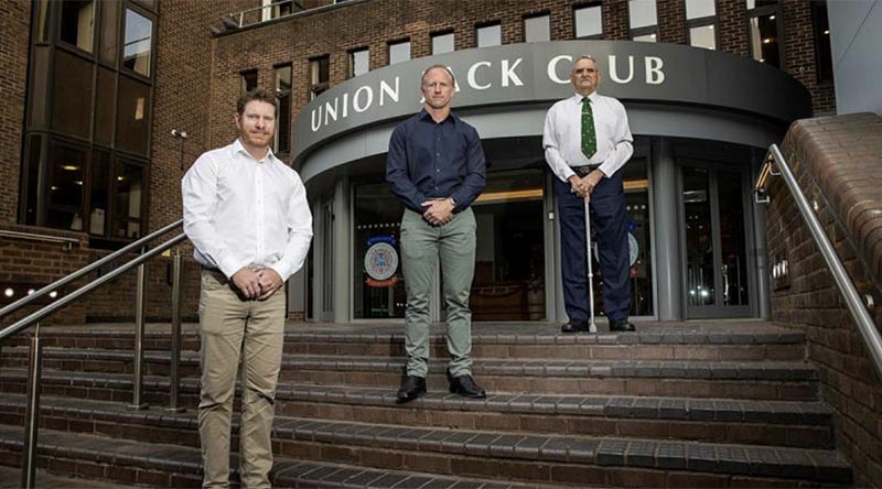 Victoria Cross Recipients Corporal Daniel Keighran, Corporal Mark Donaldson and Keith Payne in front of the home of the Victoria Cross Roll of Honour, the Union Jack Club, London. Photo Leading Aircraftwoman Emma Schwenke.