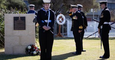 Commander Australian Fleet Rear Admiral Christopher Smith salutes after laying a wreath during the HMAS Westralia 25th year Memorial Service at HMAS Stirling, Western Australia. Photo by Able Seaman Rikki-Lea Phillips.