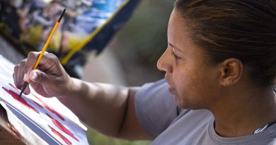 Australian Army Warrant Officer Class Two Anne Dufficy who is deployed on Operation Mazurka as part of the Multinational Force and Observers in the Sinai Peninsula, Egypt, is showcasing Indigenous culture with her paintings at South Camp. Photo by Corporal Melina Young.