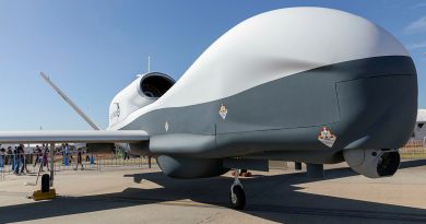 The display of a replica of the Air Force MQ-4C Triton remotely piloted aircraft system at this year’s Avalon International Airshow. Photo by Corporal David Cotton.