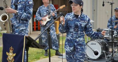 Air Force Rock Band AV8 musician Leading Aircraftwoman Chloe Bruer-Jones performs during the Soldier On March On Challenge event at RAAF Base Williams in Victoria. Story by Leading Aircraftwoman Jasna McFeeters. Photos by Sergeant Ralph Whiteoak.