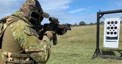 A 4 Squadron combat controller practises enhanced combat shooting skills at Singleton Military Training Area, NSW.
