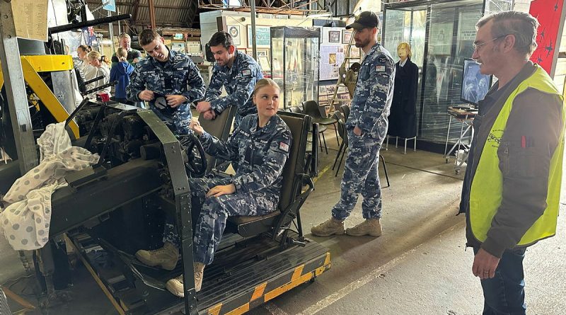 From left, Aircraftman Max Webb, Pilot Officer Toby Olabarriaga, Aircraftwoman Ellie Hawke and Corporal Eliott Jones get a lesson on the cockpit module of the B-24 Liberator from Paul Rourke at the B-24 Liberator Restoration Museum. Story and photo by Flight Lieutenant Brent Moloney