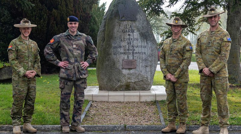 Lieutenant Colonel Adam Hepworth (left) and Colonel Robin Smith (second from right) meet with French Army Lieutenant Colonel Matthias Leroy, supported by the Australian Army Liaison Officer to the French Army, Lieutenant Colonel Dean Kachab (right). Story by Emma Kennedy. Photo by Eloïse Marreau.