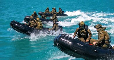 Australian soldiers conduct amphibious training with Zodiacs during the course. Story by Captain Annie Richardson. Photo by Captain Annie Richardson.