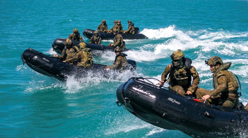 Australian soldiers conduct amphibious training with Zodiacs during the course. Story by Captain Annie Richardson. Photo by Captain Annie Richardson.