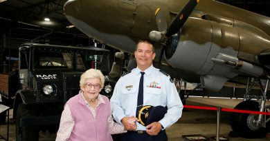 Senior Australian Defence Force Officer Amberley, Group Captain Dennis Tan, escorts Ms Jean Jackson around the Amberley History and Heritage Centre at RAAF Base Amberley. Story by Squadron Leader Tina Turner. Photo by Sergeant Peter Borys.