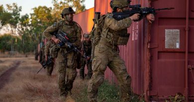 Soldiers from the 5th Battalion, Royal Australian Regiment, 1st Combat Engineer Regiment, the 1st Battalion, Royal Ghurkha Rifles, and Marine Rotational Force - Darwin conduct an urban clearance serial in the Mount Bundey Training Area, NT. Story by Dan Mazurek. Photo by Captain Annie Richardson.