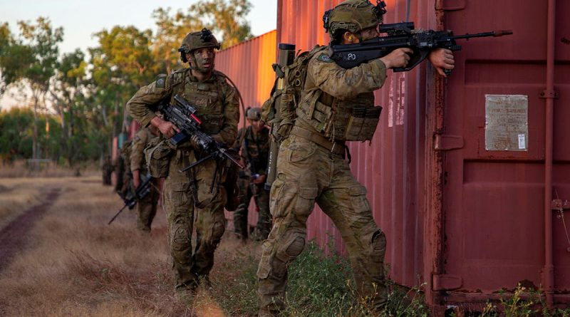 Soldiers from the 5th Battalion, Royal Australian Regiment, 1st Combat Engineer Regiment, the 1st Battalion, Royal Ghurkha Rifles, and Marine Rotational Force - Darwin conduct an urban clearance serial in the Mount Bundey Training Area, NT. Story by Dan Mazurek. Photo by Captain Annie Richardson.