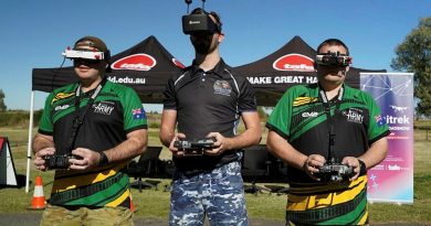 Drone racers Sapper Alex Brown, Flight Lieutenant Jayden Hasemann and Lance Corporal Daniel McCullock fly their drones during the Queensland TAFE "DigiTrek" Roadshow. Photo by Captain Sarah Vesey.